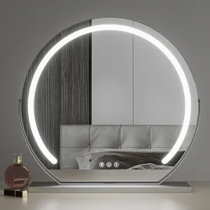 Rechargeable Semicircular LED Lighted Mirror, Vanity Mirror With Lights, Tabletop Makeup Mirror With Smart Touch Control 3 Colors Dimable LED Strip Light，360°Rotation ( Color : Silver , Size : 40cm )