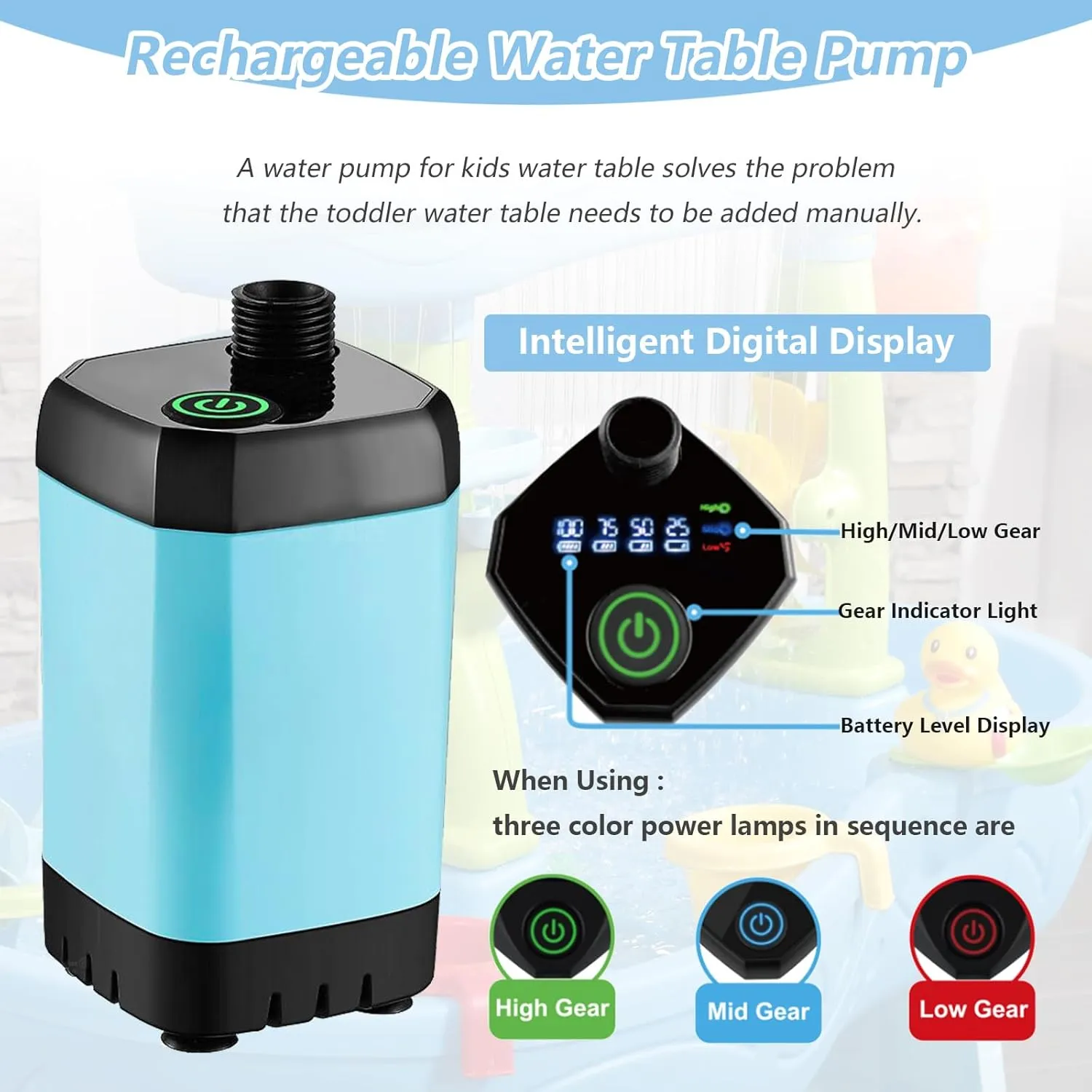 Rechargeable Water Table Pump(Huge Water Output),Kids Sand Water Play Pump, 3 Spray Modes, IPX7 Waterproof,Outdoor Toddler Activity Table Accessory