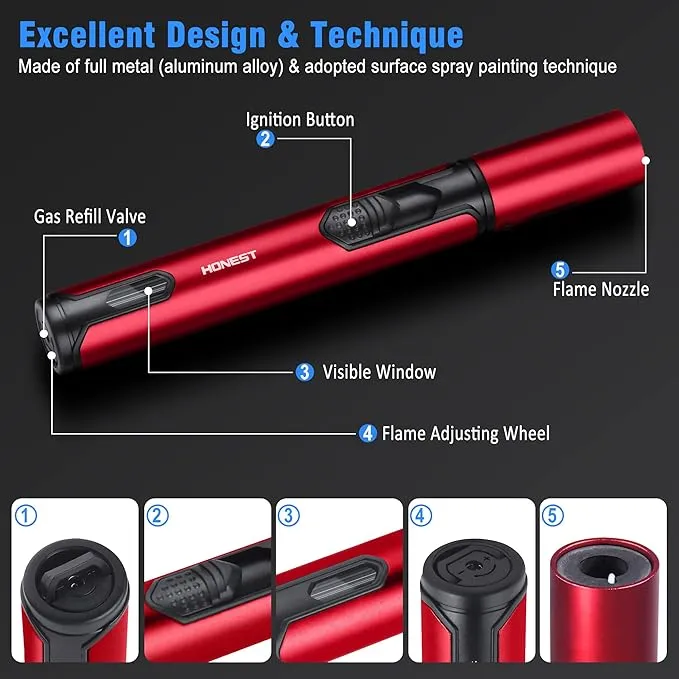 Refillable Torch Lighter 2 Pack Butane Torch Lighters for Candle Adjustable Jet Flame Pen Lighter 6-inch Butane Gas Lighter for BBQ Stove Grill Candle Camping (Gas Not Included)