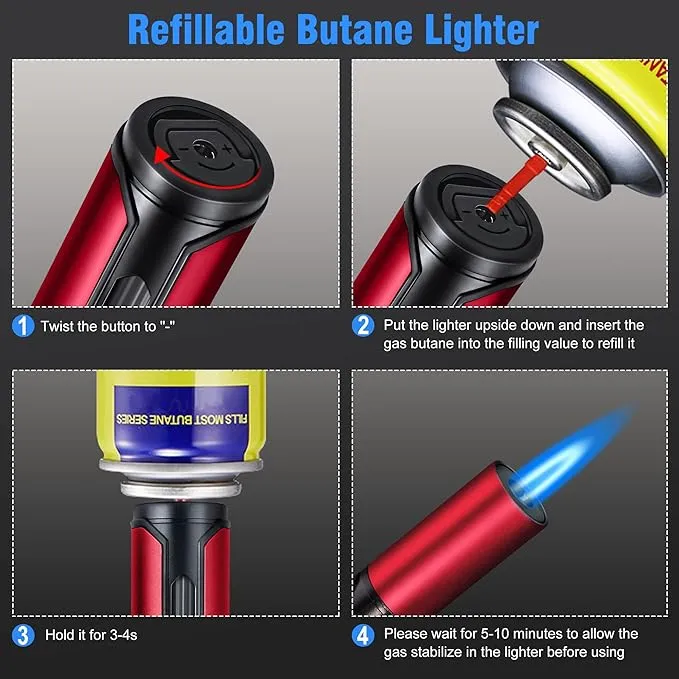 Refillable Torch Lighter 2 Pack Butane Torch Lighters for Candle Adjustable Jet Flame Pen Lighter 6-inch Butane Gas Lighter for BBQ Stove Grill Candle Camping (Gas Not Included)
