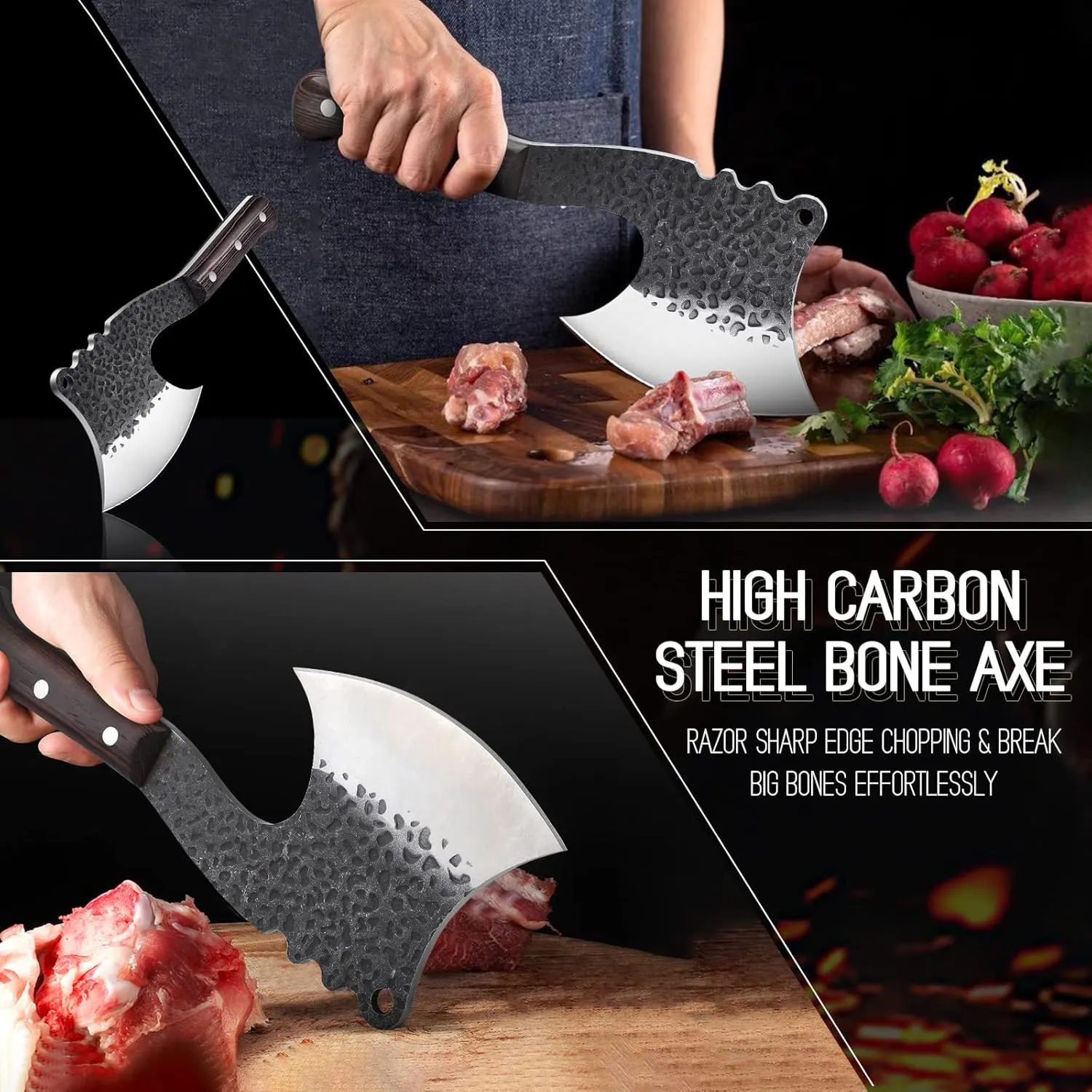 ROCOCO Meat Bone Cleaver Knife for Meat Cutting Handmade Heavy Duty Butcher Axes Hand Forged Full Tang Chopper for Kitchen Outdoor BBQ Chirstmas Mother Father Gifts Idea Men Black