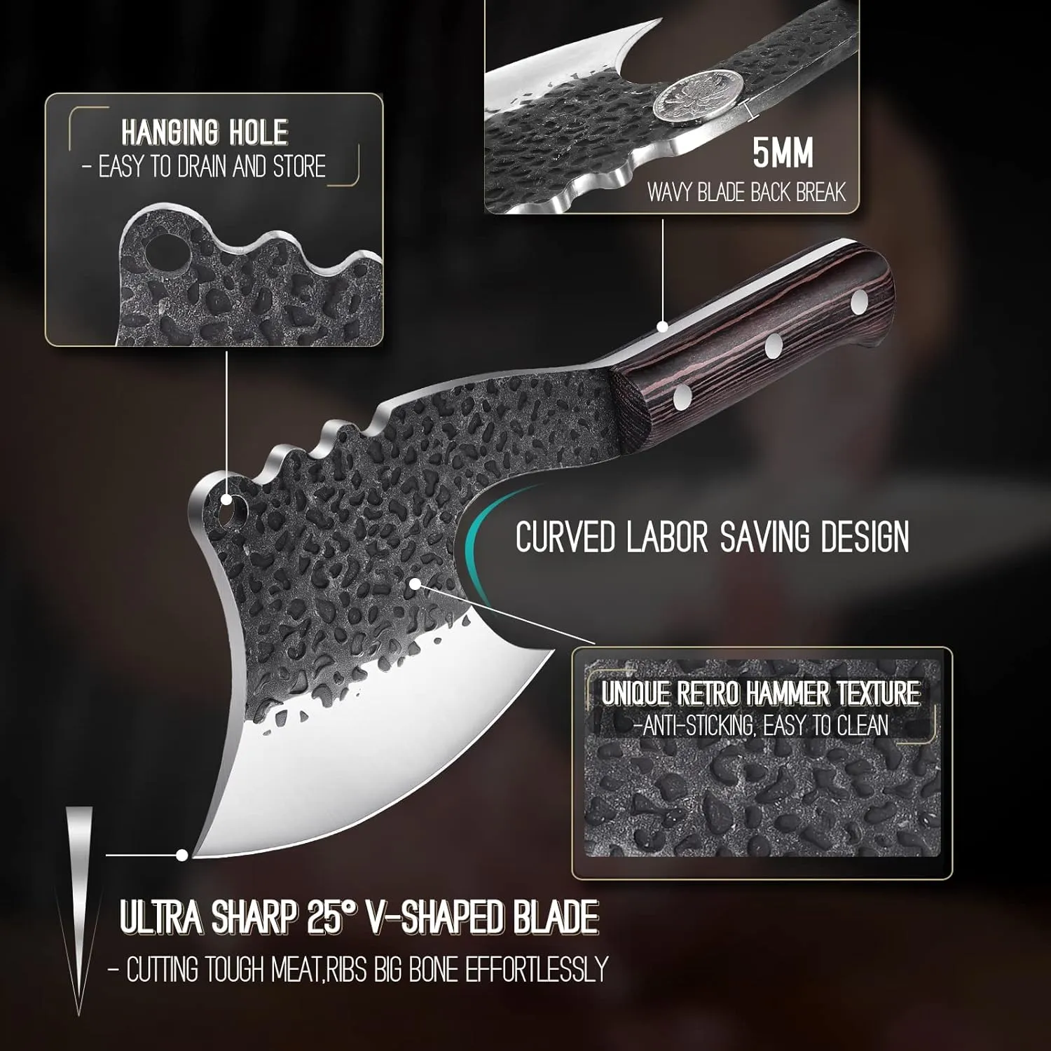 ROCOCO Meat Bone Cleaver Knife for Meat Cutting Handmade Heavy Duty Butcher Axes Hand Forged Full Tang Chopper for Kitchen Outdoor BBQ Chirstmas Mother Father Gifts Idea Men Black
