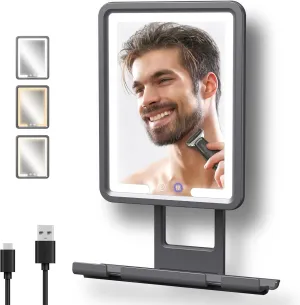 Rocollos Fogless Shower Mirror for Shaving, 3 Color LED Lighting Dimmable, Anti-Fog Heating in Minutes, 360° Bathroom Shower Mirror with Rechargeable 5000mAh Battery, Large Storage Shelf-01