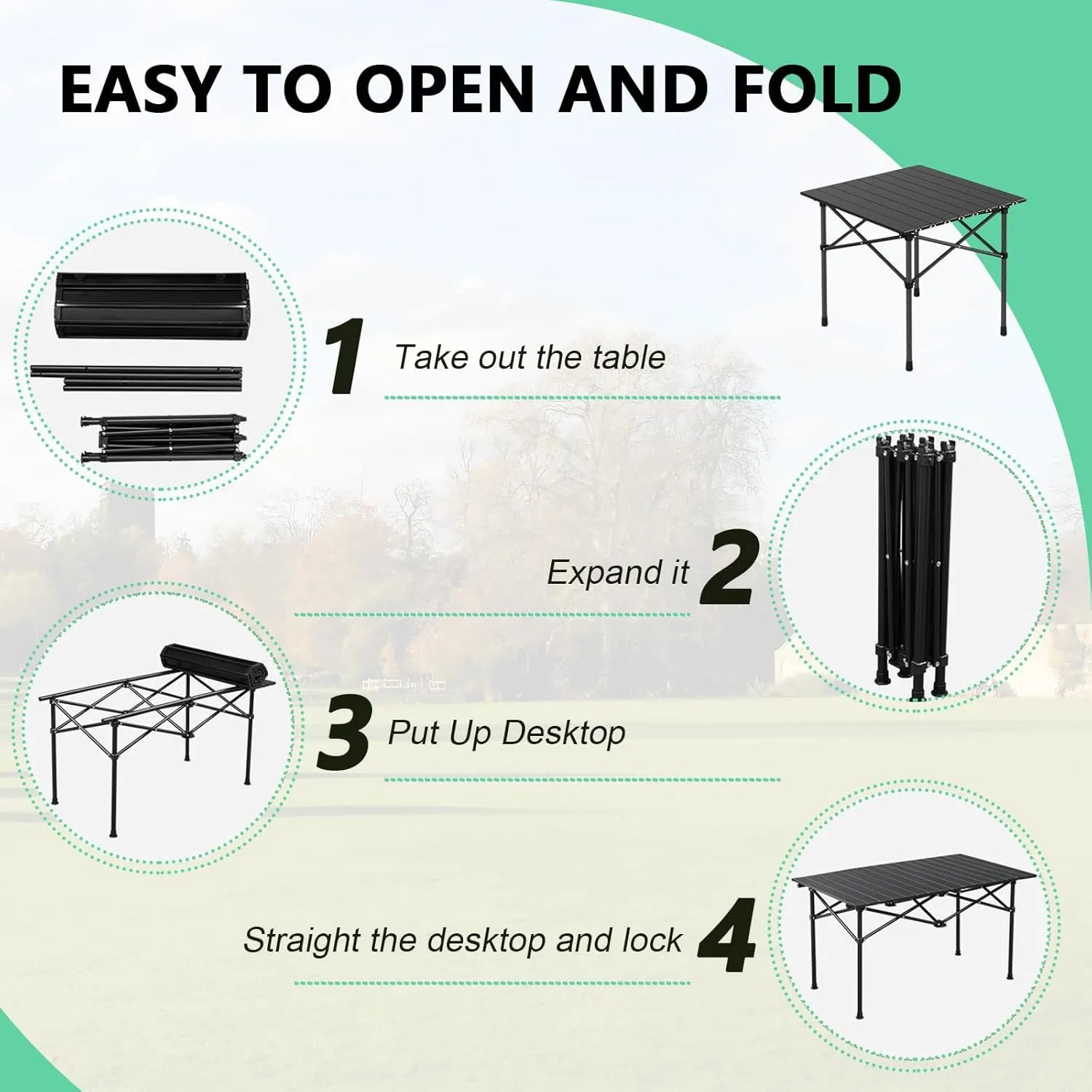 Roll-Up Camping Table, Compact Aluminum Folding Tables with Carry Bag, Perfect for Camping, Beach, Travel, and Outdoor Cooking Black 50×53×50cm/19.7×20.9×19.7in