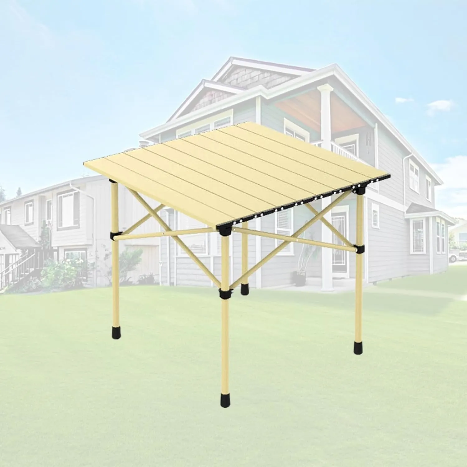 Roll-Up Camping Table, Compact Aluminum Folding Tables with Carry Bag, Perfect for Camping, Beach, Travel, and Outdoor Cooking Light Yellow 50×53×50cm/19.7×20.9×19.7in