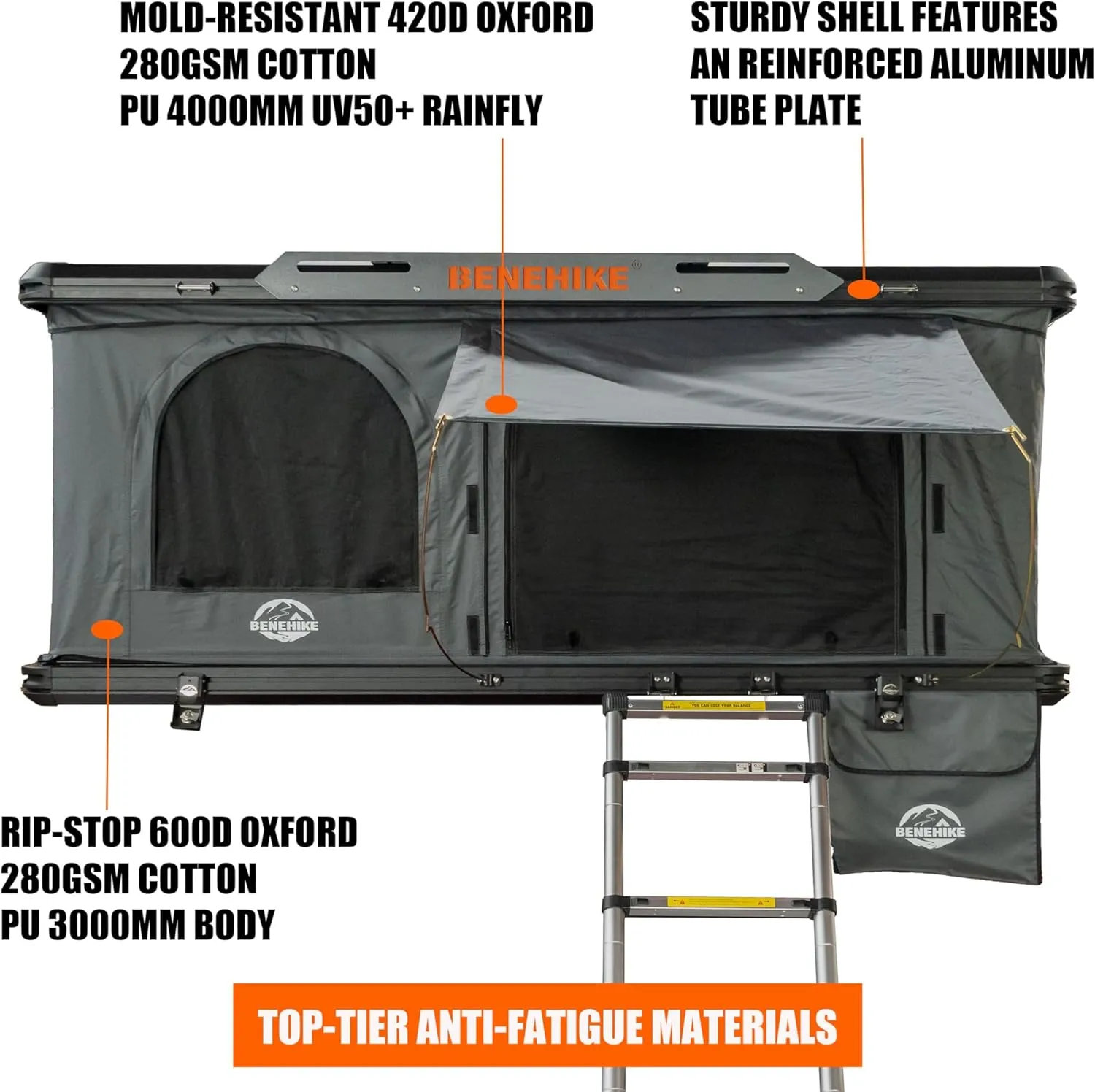 Rooftop Tent Hard Shell, BENEHIKE Alumabode V2 Aluminum Hard Shell Pop-up Rooftop Tent for Van Jeep SUV Truck Car Tents for Camping (2~3 Person)