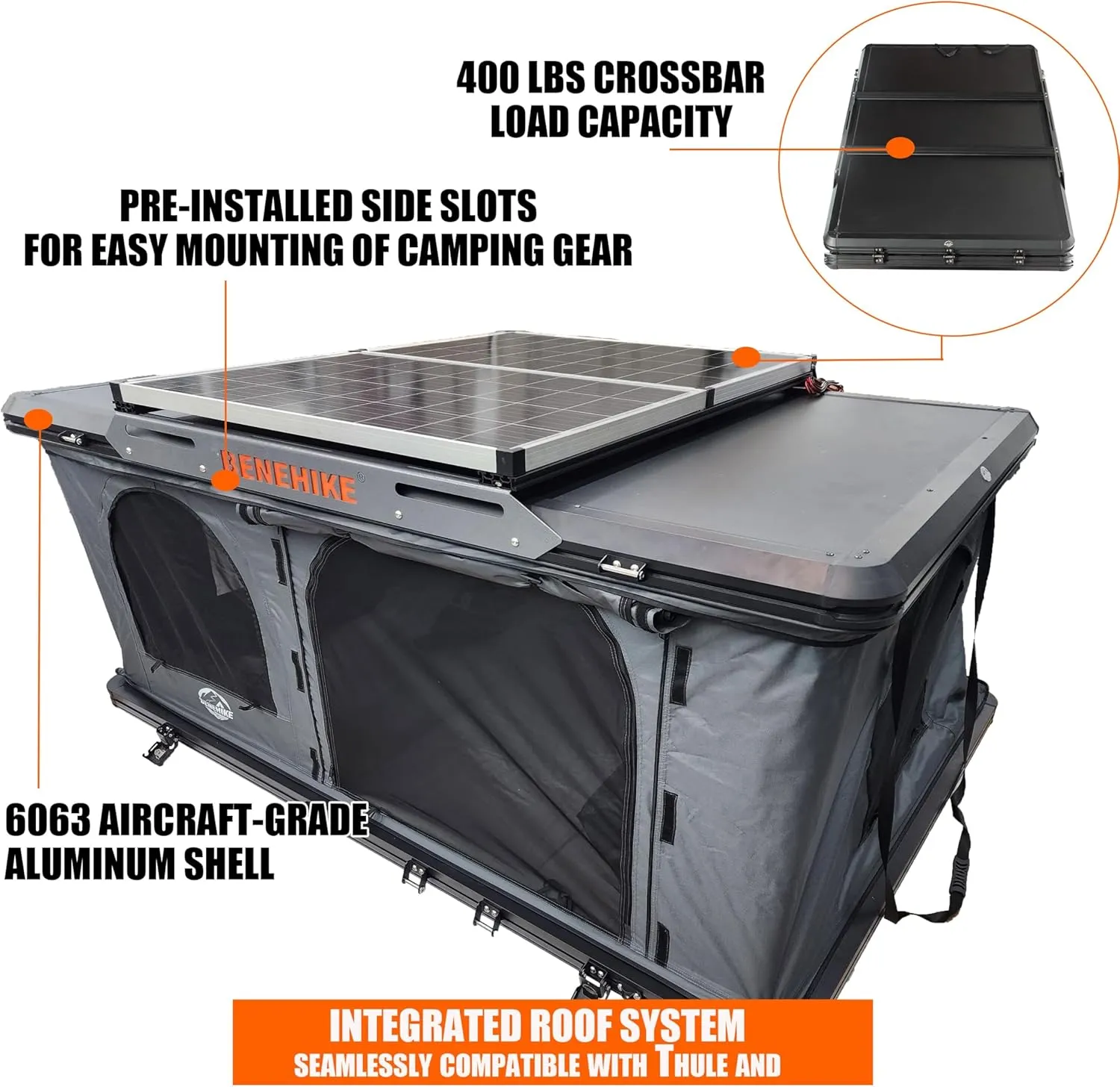 Rooftop Tent Hard Shell, BENEHIKE Alumabode V2 Aluminum Hard Shell Pop-up Rooftop Tent for Van Jeep SUV Truck Car Tents for Camping (2~3 Person)