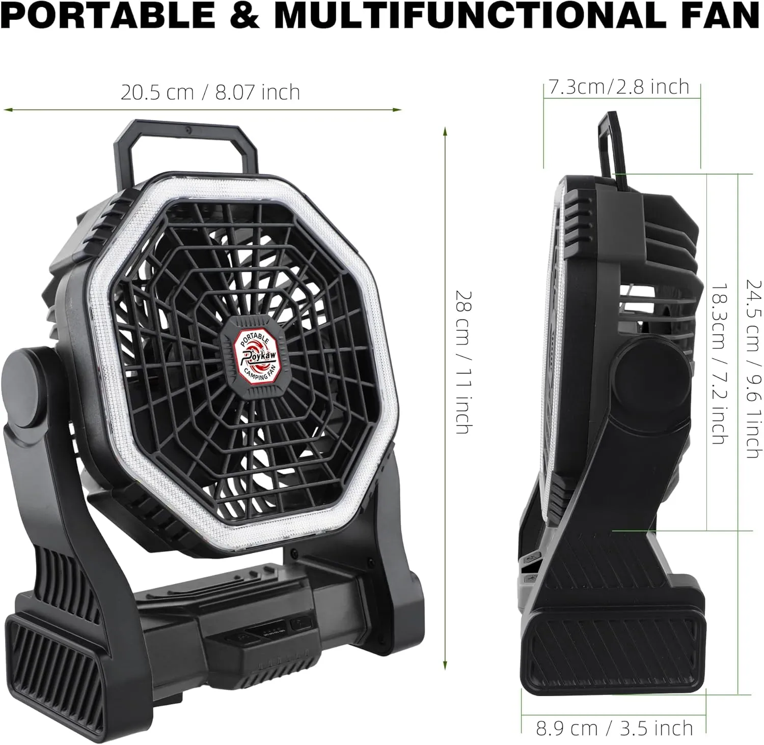 Roykaw Portable Fan for Travel, 10400 mAh Rechargeable Camping Fan, Cordless Battery Powered Fan with Led Light, with Handle, Hang Hook for Tent, Fishing, Black