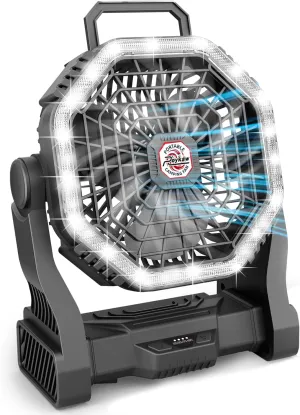 Roykaw Portable Fan for Travel, 10400 mAh Rechargeable Camping Fan, Cordless Battery Powered Fan with Led Light, with Handle, Hang Hook for Tent, Fishing, Black