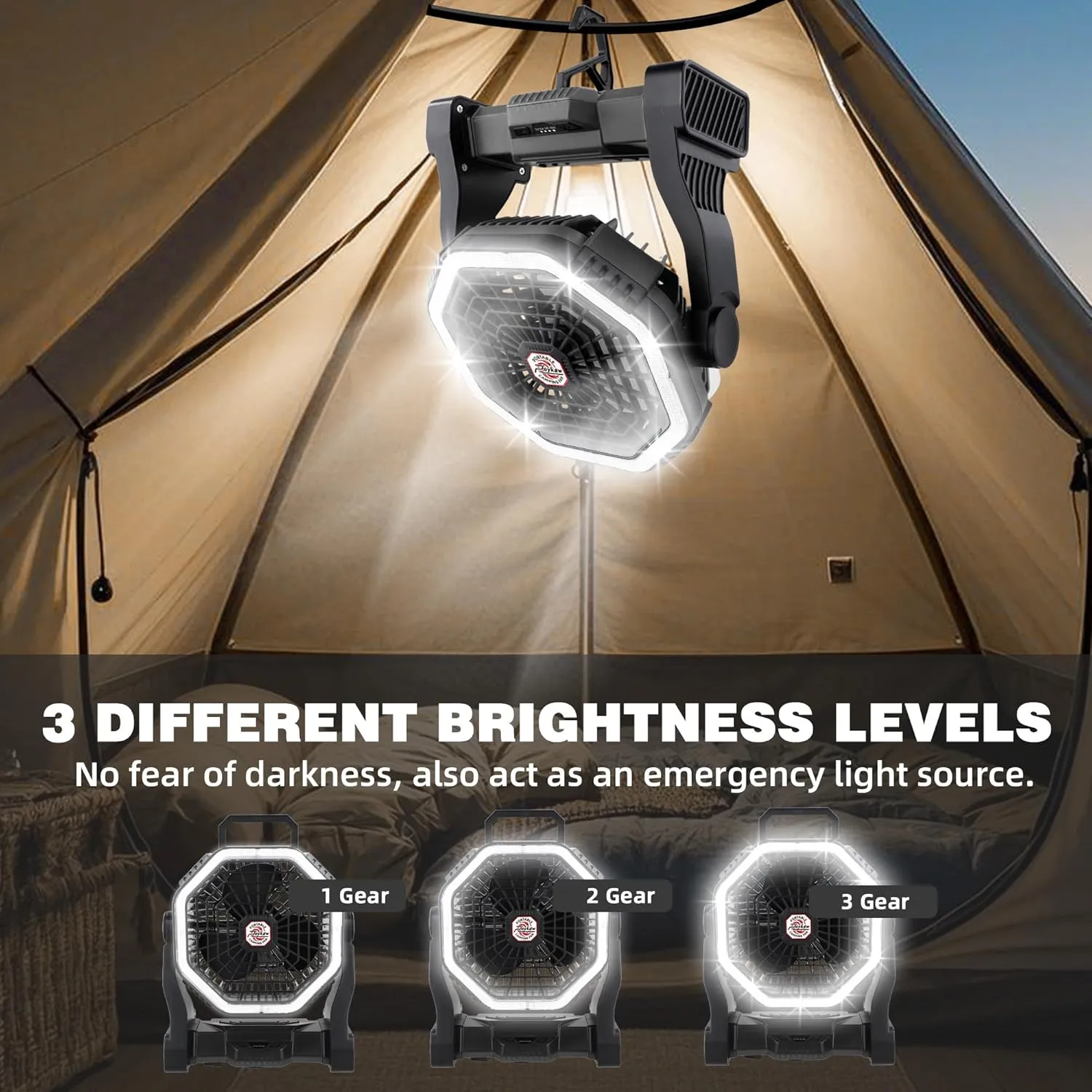 Roykaw Portable Fan for Travel, 10400 mAh Rechargeable Camping Fan, Cordless Battery Powered Fan with Led Light, with Handle, Hang Hook for Tent, Fishing, Black