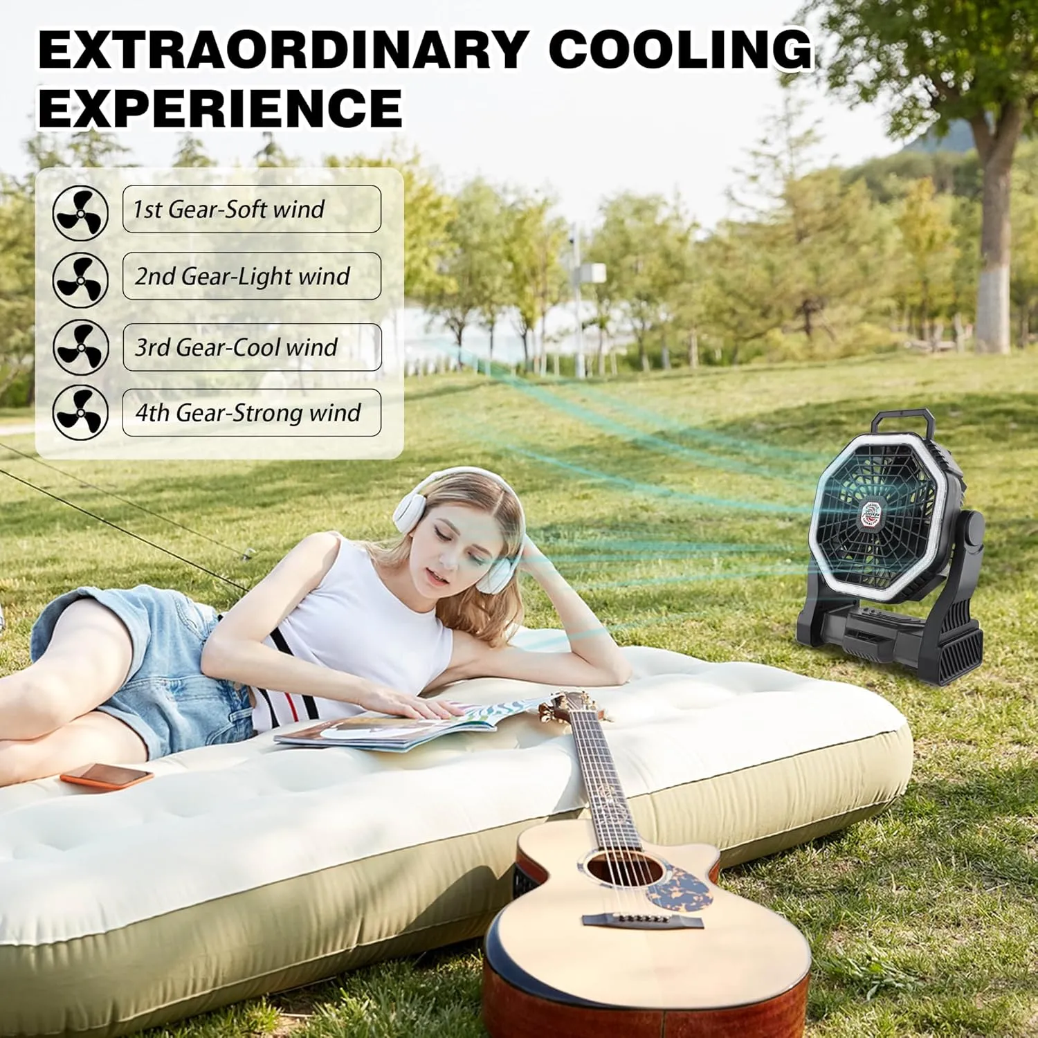 Roykaw Portable Fan for Travel, 10400 mAh Rechargeable Camping Fan, Cordless Battery Powered Fan with Led Light, with Handle, Hang Hook for Tent, Fishing, Black