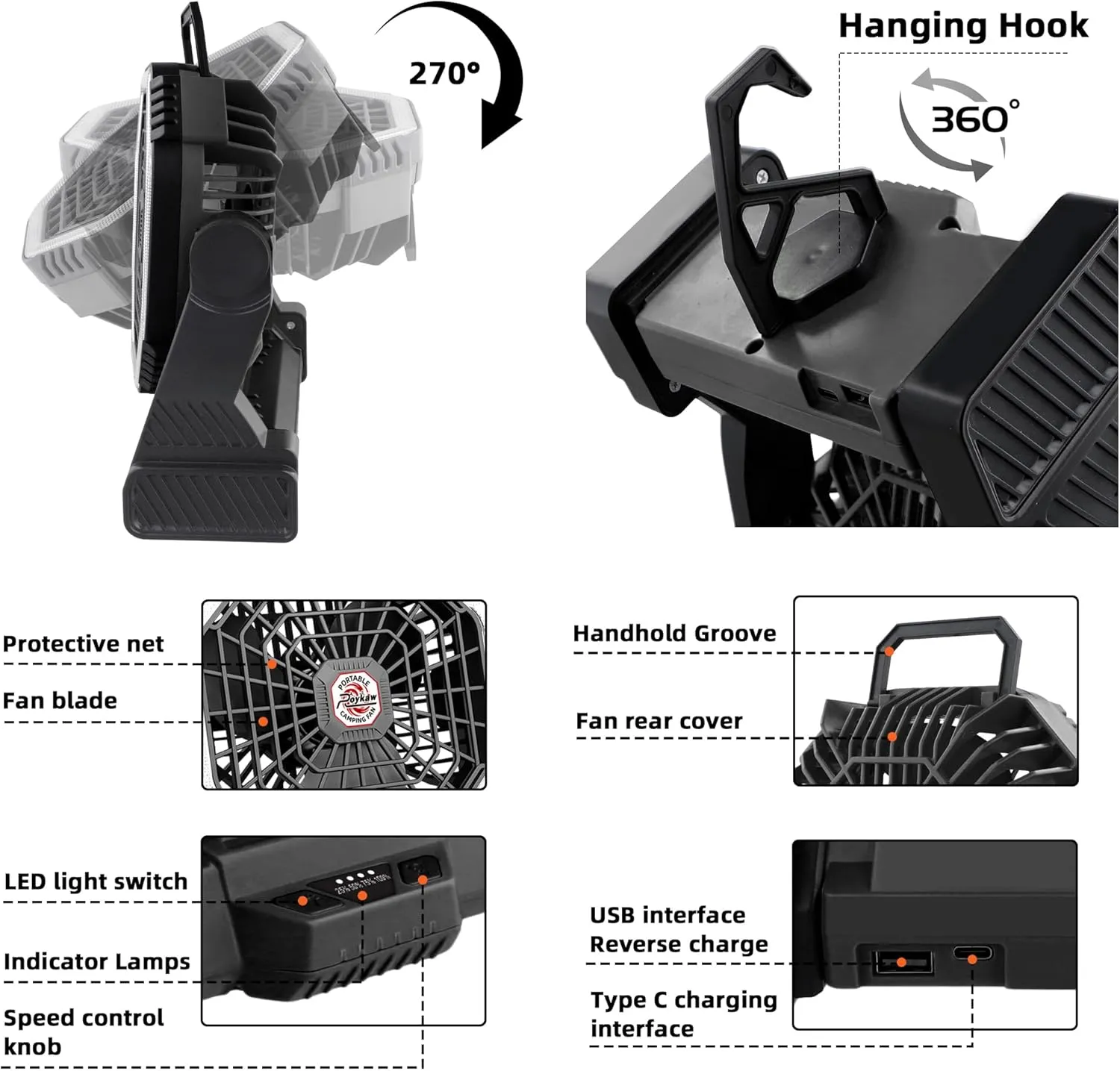 Roykaw Portable Fan for Travel, 10400 mAh Rechargeable Camping Fan, Cordless Battery Powered Fan with Led Light, with Handle, Hang Hook for Tent, Fishing, Black