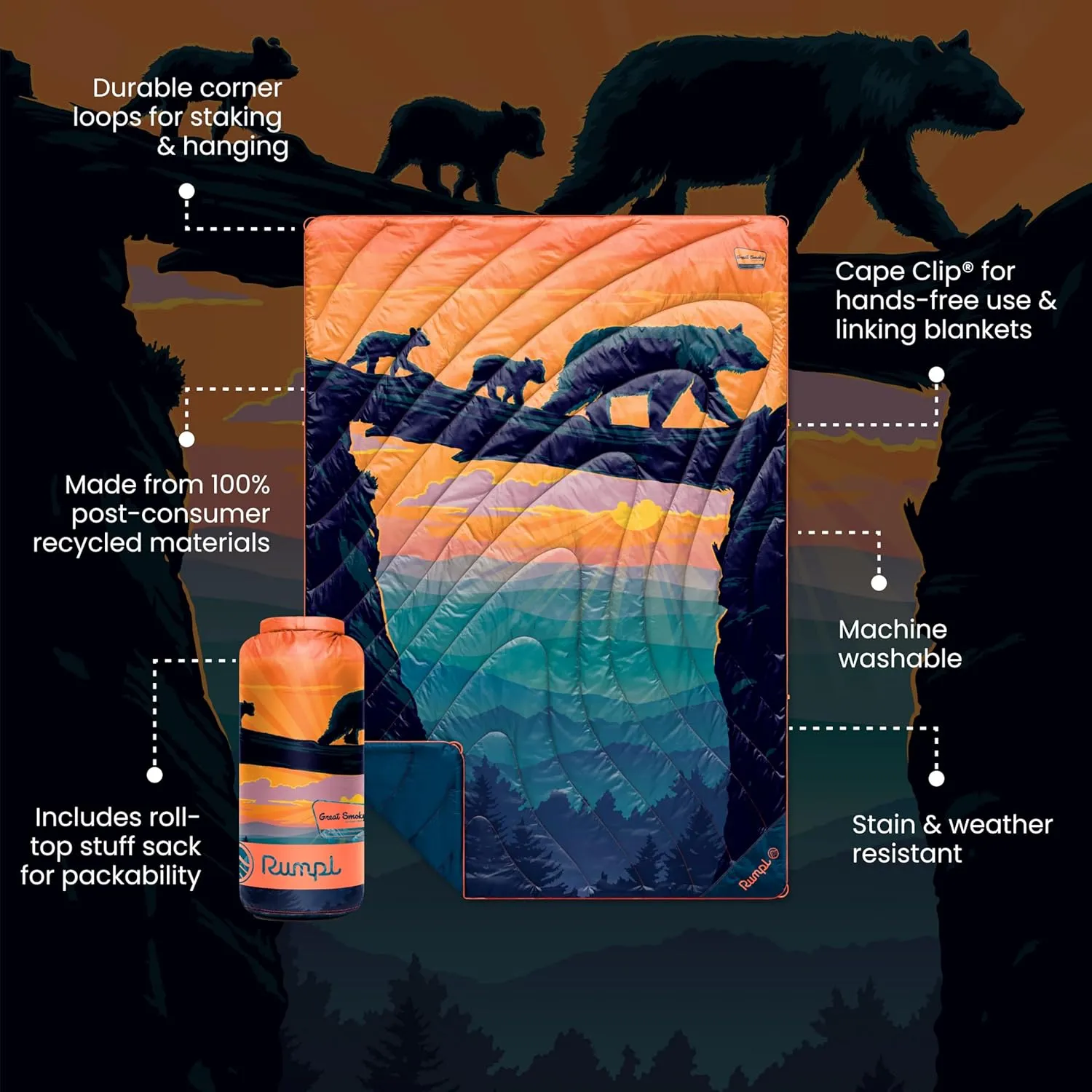 Rumpl Original Puffy Great Smoky Mountains - Bear Crossing National Park Blanket for Camping and Outdoors, V2, Great Smoky Mountains - Bear Crossing