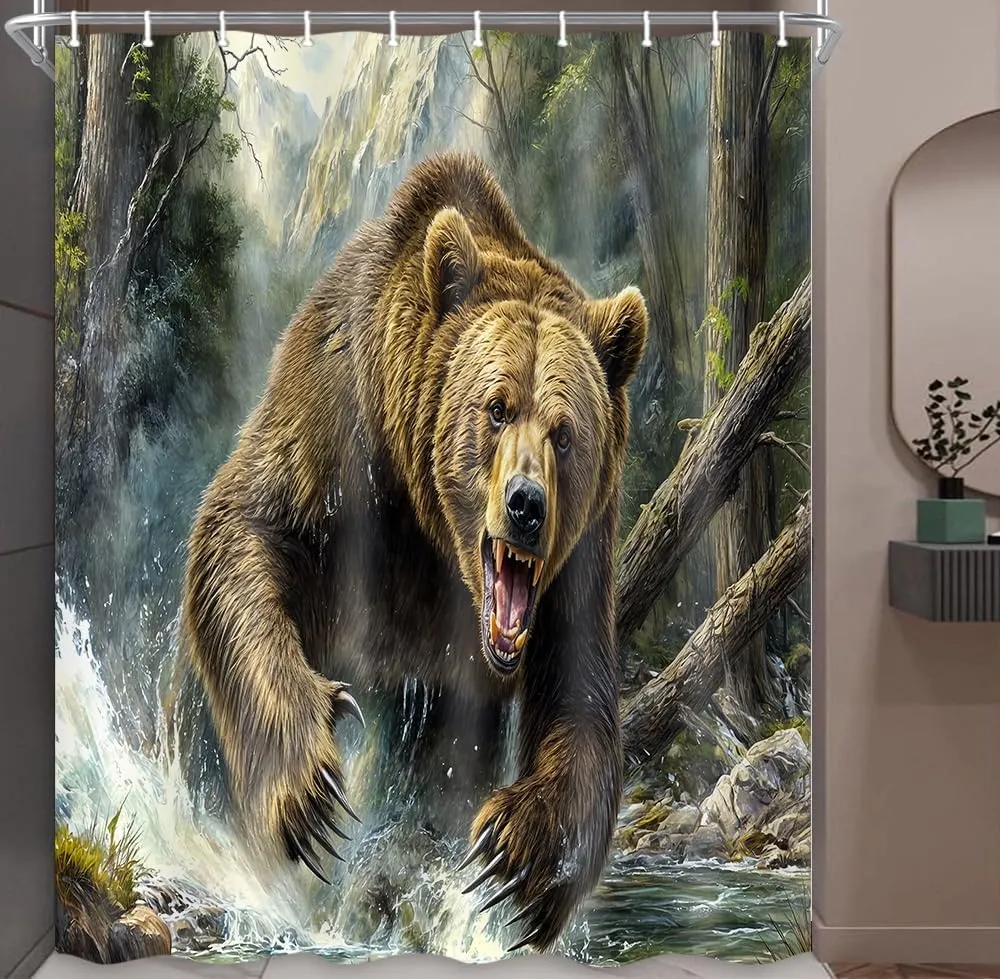 Rustic Bear Shower Curtain - Forest Country Nature Funny Animal Mountain Brown Bear Hunting Camping Waterproof Fabric Bath Curtain Wildlife Farmhouse 69X70inch