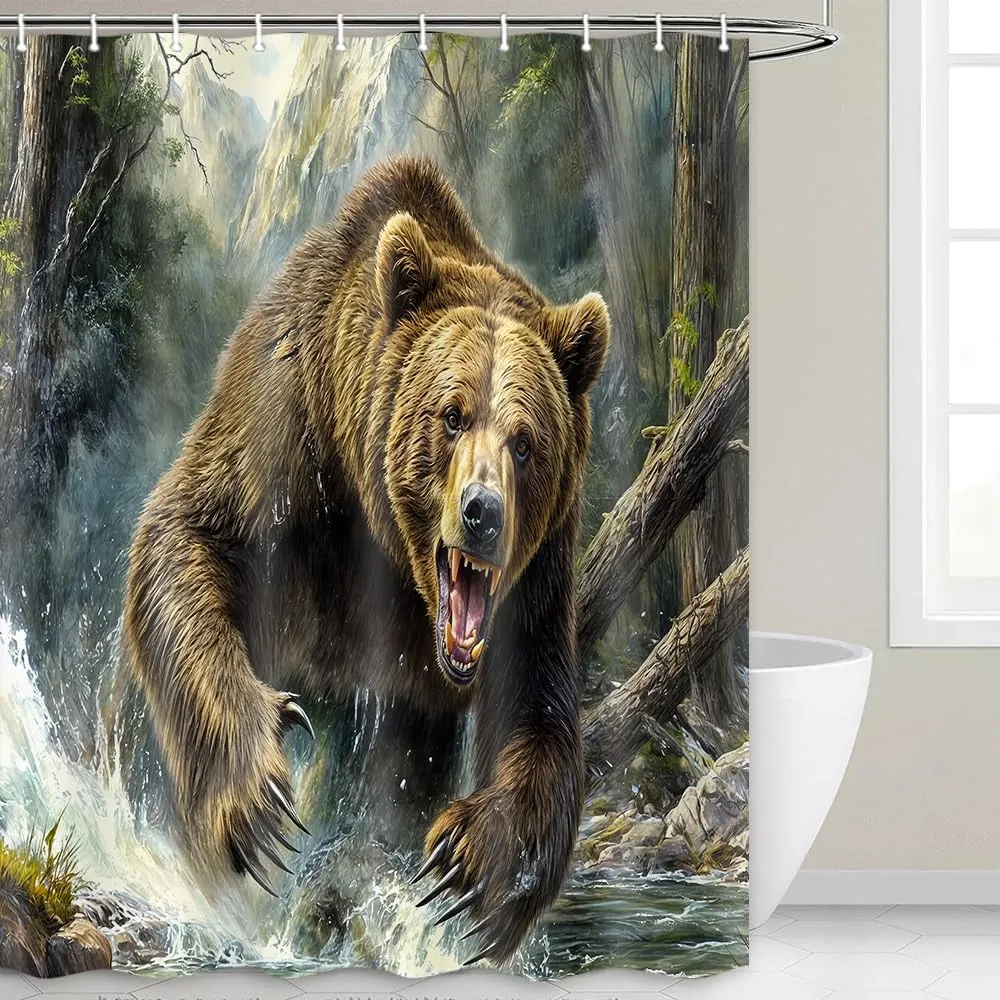 Rustic Bear Shower Curtain - Forest Country Nature Funny Animal Mountain Brown Bear Hunting Camping Waterproof Fabric Bath Curtain Wildlife Farmhouse 69X70inch