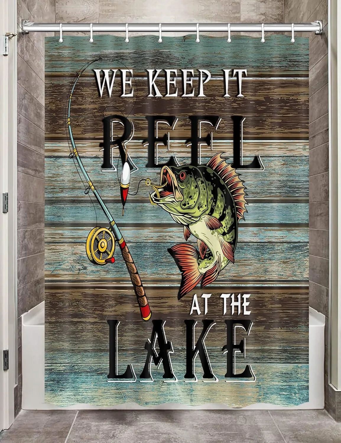 Rustic Cabin Lake House Camper RV Shower Curtain for Travel Trailer Bathroom, Lake Life Fishing Bass Camping Small Narrow Shorter Fabric Shower Curtains Set, Happy Camp Decor with Hooks 47X64