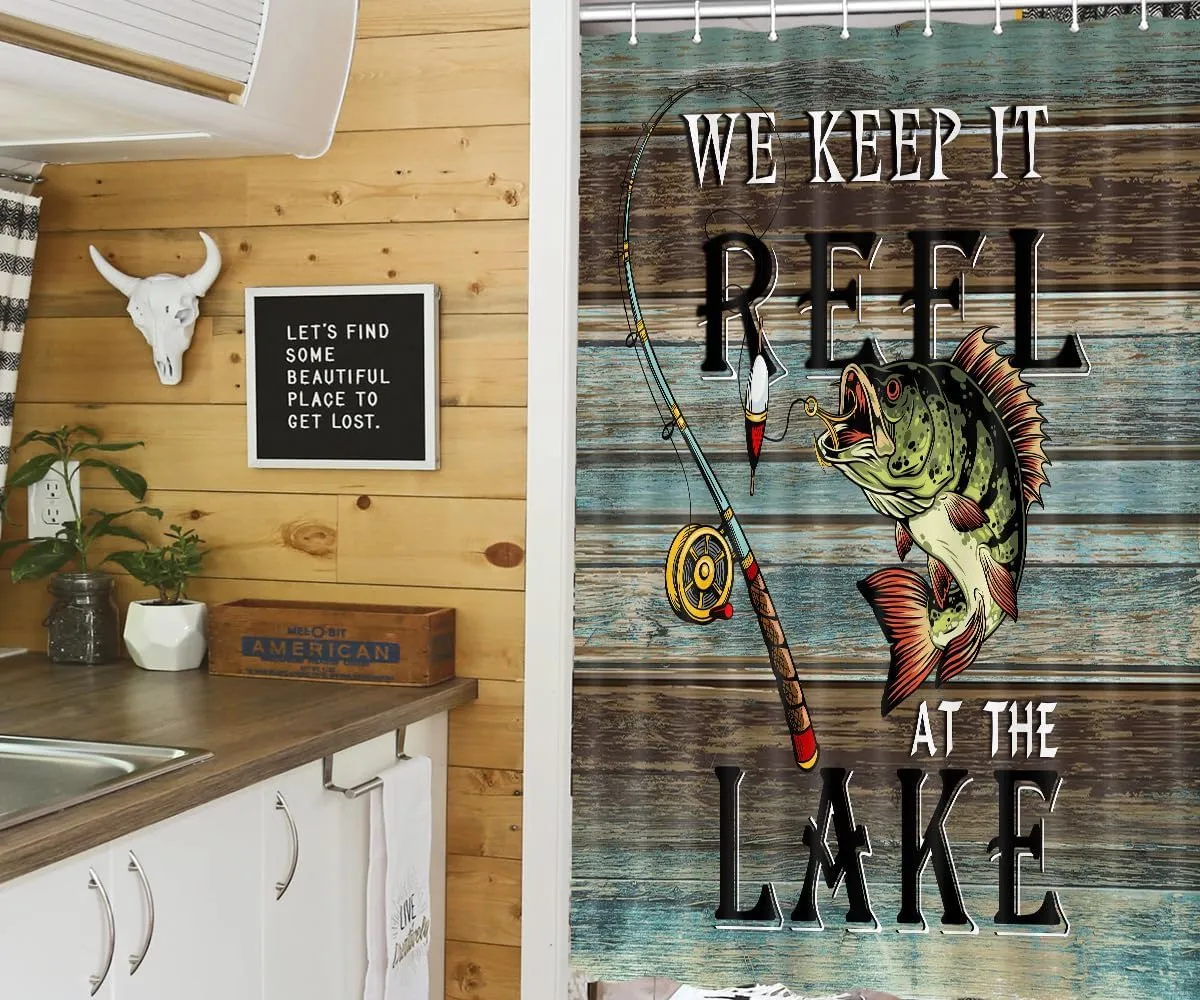 Rustic Cabin Lake House Camper RV Shower Curtain for Travel Trailer Bathroom, Lake Life Fishing Bass Camping Small Narrow Shorter Fabric Shower Curtains Set, Happy Camp Decor with Hooks 47X64