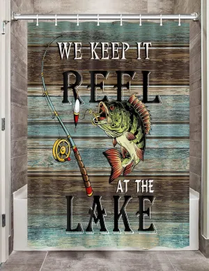 Rustic Cabin Lake House Camper RV Shower Curtain for Travel Trailer Bathroom, Lake Life Fishing Bass Camping Small Narrow Shorter Fabric Shower Curtains Set, Happy Camp Decor with Hooks 47X64