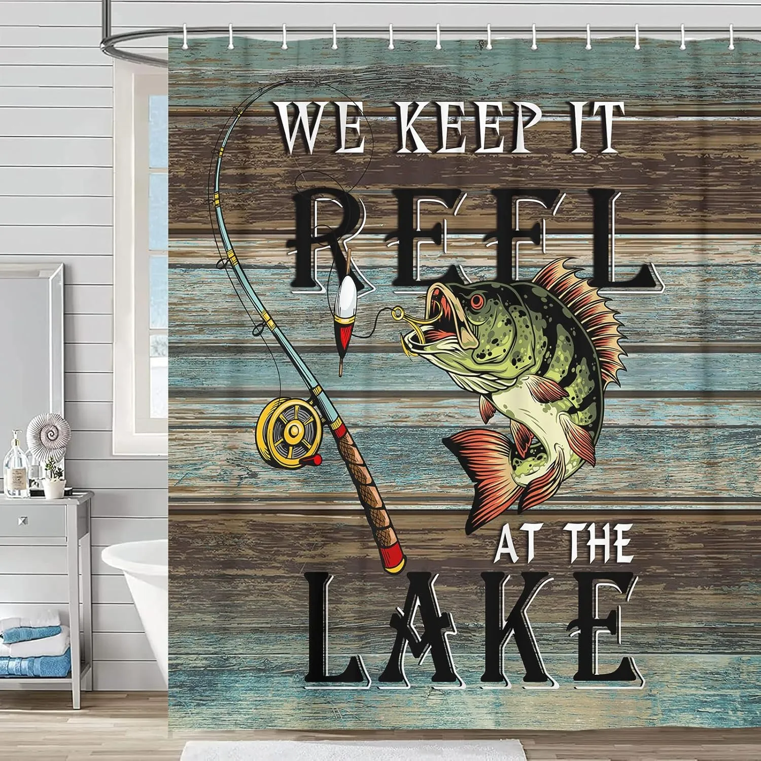 Rustic Cabin Lake House Shower Curtain, Lake Life Camper Fishing Bass Inspirational Quotes Fabric Shower Curtains Set for Men Bathroom Decorative, Restroom Decor Accessories with Hooks 72X72 Inch