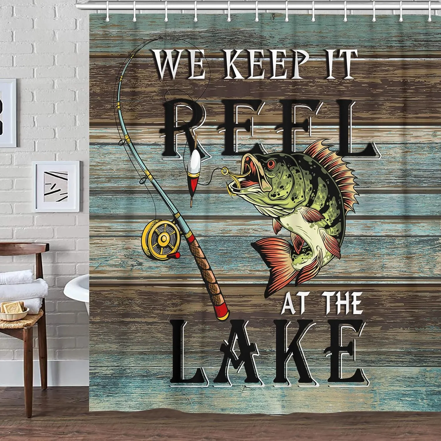 Rustic Cabin Lake House Shower Curtain, Lake Life Camper Fishing Bass Inspirational Quotes Fabric Shower Curtains Set for Men Bathroom Decorative, Restroom Decor Accessories with Hooks 72X72 Inch