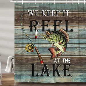 Rustic Cabin Lake House Shower Curtain, Lake Life Camper Fishing Bass Inspirational Quotes Fabric Shower Curtains Set for Men Bathroom Decorative, Restroom Decor Accessories with Hooks 72X72 Inch