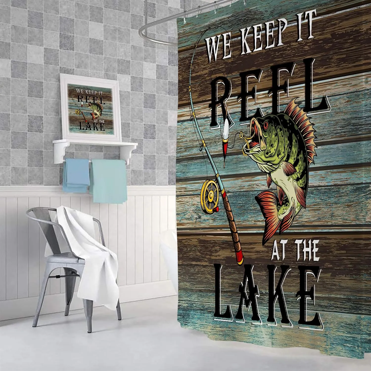 Rustic Cabin Lake House Shower Curtain, Lake Life Camper Fishing Bass Inspirational Quotes Fabric Shower Curtains Set for Men Bathroom Decorative, Restroom Decor Accessories with Hooks 72X72 Inch