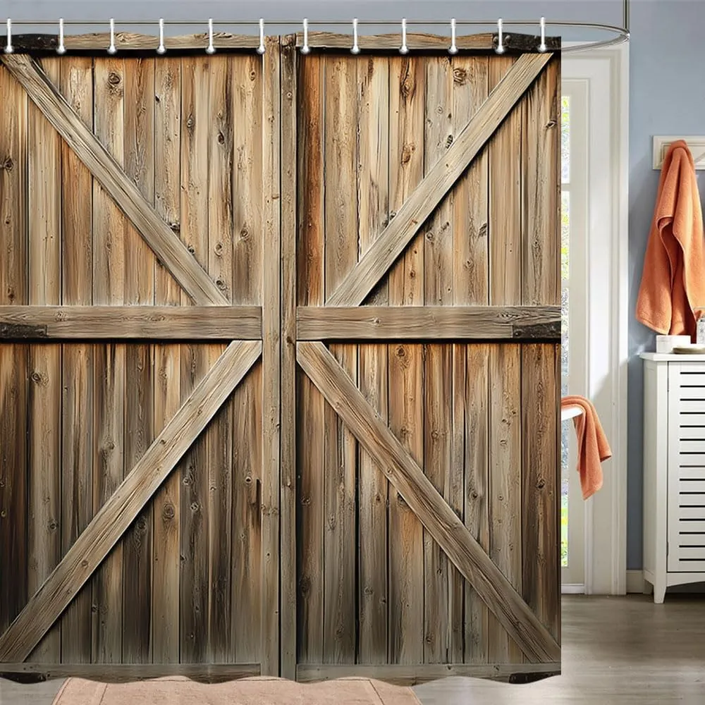 Rustic Wooden Barn Door Shower Curtain, 72x72 Inch, Yellow