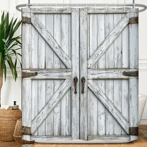Rustic Wooden Shower Curtain, Farmhouse Country Barn Door Shower Curtain, Vintage Wood Western Brown Barn Garage Farm Wooden Door Bathroom Accessories with 12 Hooks, 69X70in