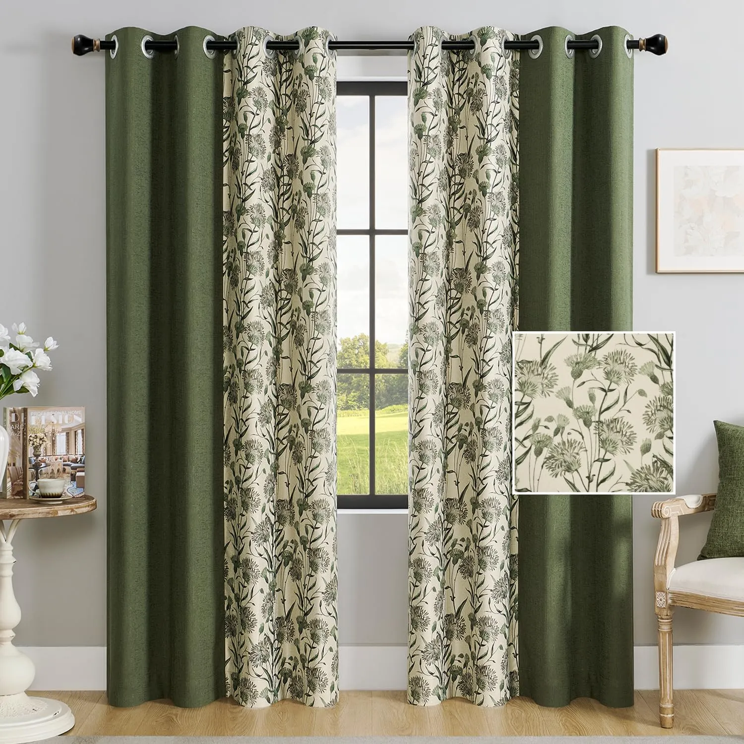 Sage Green Floral Curtains, 70s Farmhouse Country Drapes, Provide Privacy, Reduce Light, and Add A Vintage Cute Aesthetic. Thermal Insulated for Bedroom/Living Room. 52 X 84in, 2 Panels