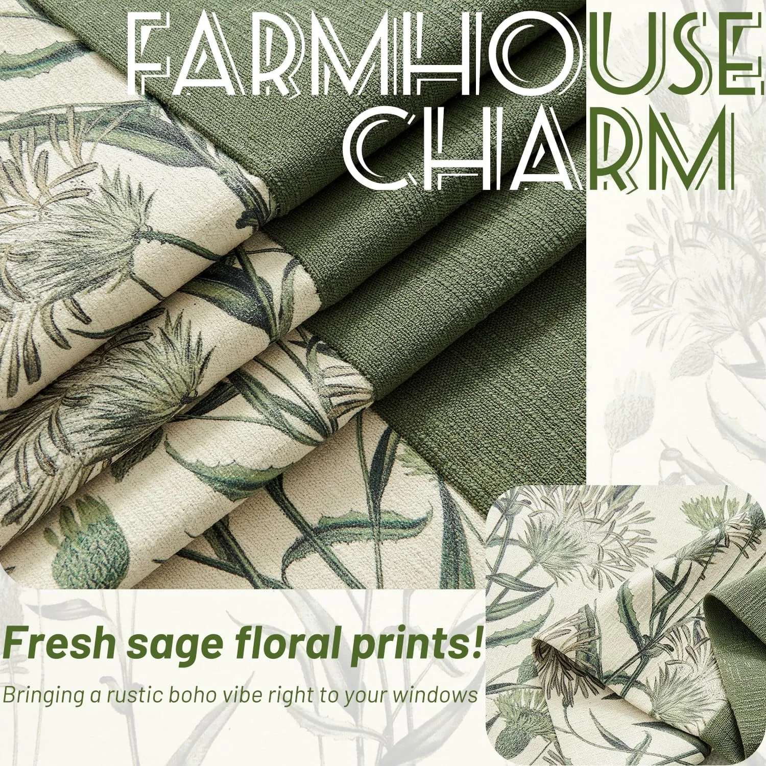 Sage Green Floral Curtains, 70s Farmhouse Country Drapes, Provide Privacy, Reduce Light, and Add A Vintage Cute Aesthetic. Thermal Insulated for Bedroom/Living Room. 52 X 84in, 2 Panels