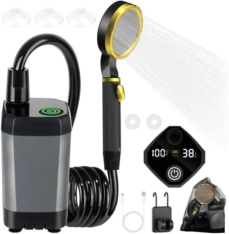Sakerplus Portable Shower for Camping, Outdoor Shower，6000mAh Rechargeable Camping Shower,Intelligent LED Display, IPX7 Waterproof Outdoor Camp Pump，5 Different Shower Modes