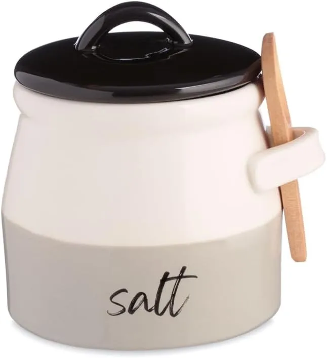 Salt Cellar with Lid and Spoon 10 oz - Handmade Ceramic Salt Keeper with 1.75 inch Lid and 3 inch Bamboo Spoon - Stylish Salt Container for Kitchen Decor