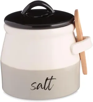 Salt Cellar with Lid and Spoon 10 oz - Handmade Ceramic Salt Keeper with 1.75 inch Lid and 3 inch Bamboo Spoon - Stylish Salt Container for Kitchen Decor