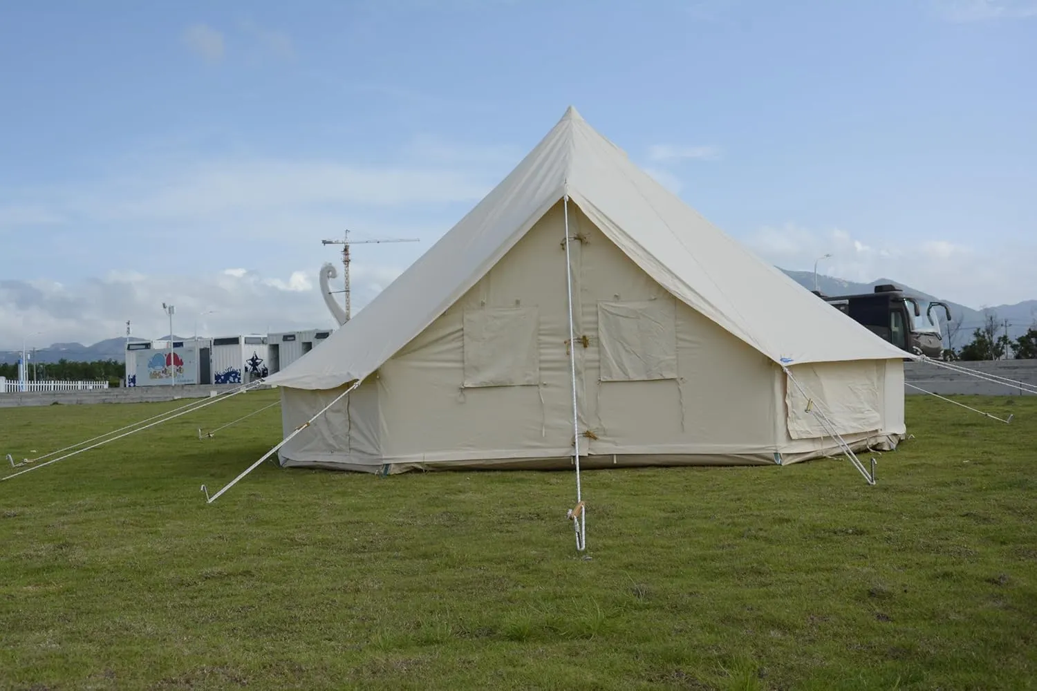 SAM&HAIBEI Canvas Bell Tent with Awning，4 Season Waterproof Large Glamping Tent （16.5ft for Family Camping, Outdoor Hunting, Party - Includes Triangle Sun Shade.