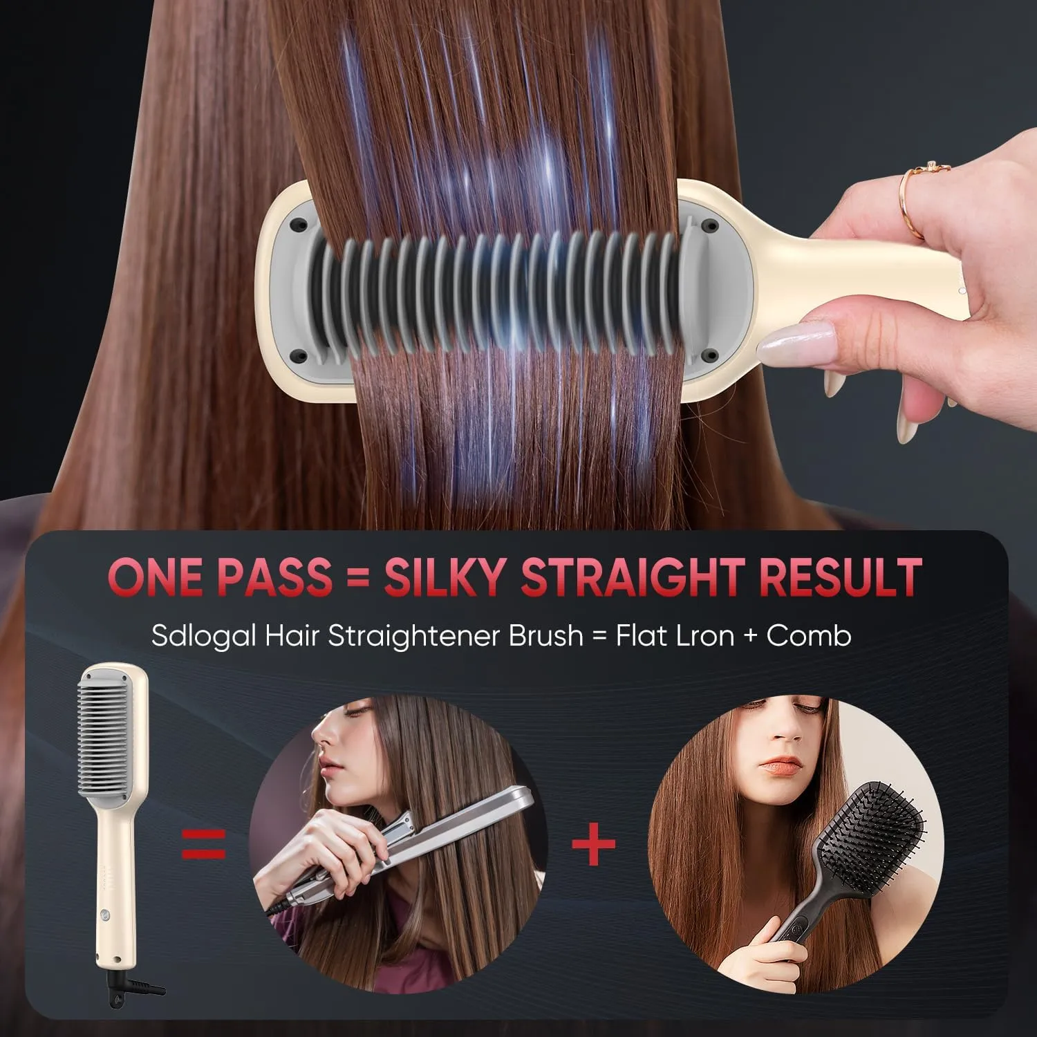 SDLOGAL Hair Straightener Brush, Hair Straightener Comb Straightening Brush for Women, with 5 Temps & Fast Heating, Easy and Fast Salon-Style, Plus Dual Voltage Travel Friendly-(Beige)