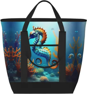 Seabed coral seahorse Large Capacity Insulated Tote Bag - Reusable, Adjustable Shoulder, Perfect for Work, Picnic, and Travel, Black, One Size