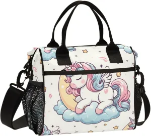 Seamless Pattern Cute Unicorn Pegasus Sleep Vector Pony Cartoon on Moon Lunch Bag Women Cooler Bags Lunch Tote Bags for Men Reusable Insulated Lunch Box Crossbody with Shoulder Strap Leakproof Work Pi