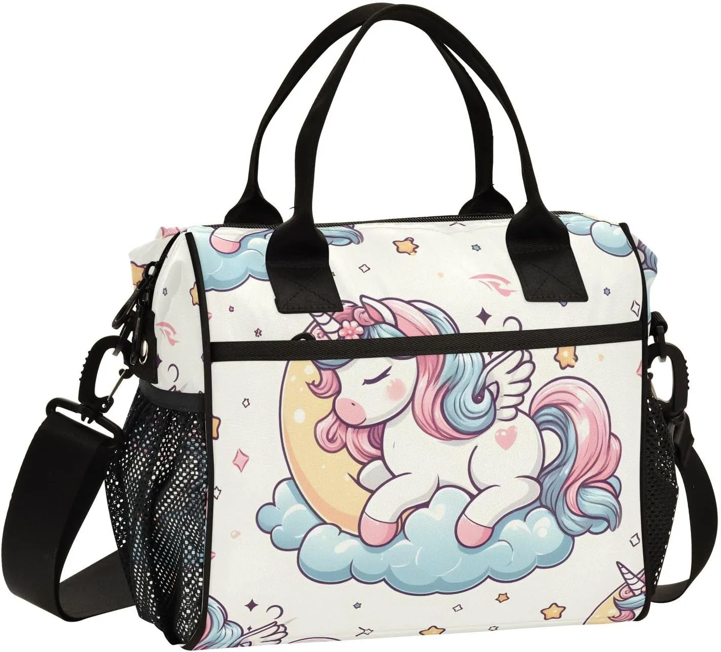 Seamless Pattern Cute Unicorn Pegasus Sleep Vector Pony Cartoon on Moon Lunch Bag Women Cooler Bags Lunch Tote Bags for Men Reusable Insulated Lunch Box Crossbody with Shoulder Strap Leakproof Work Pi