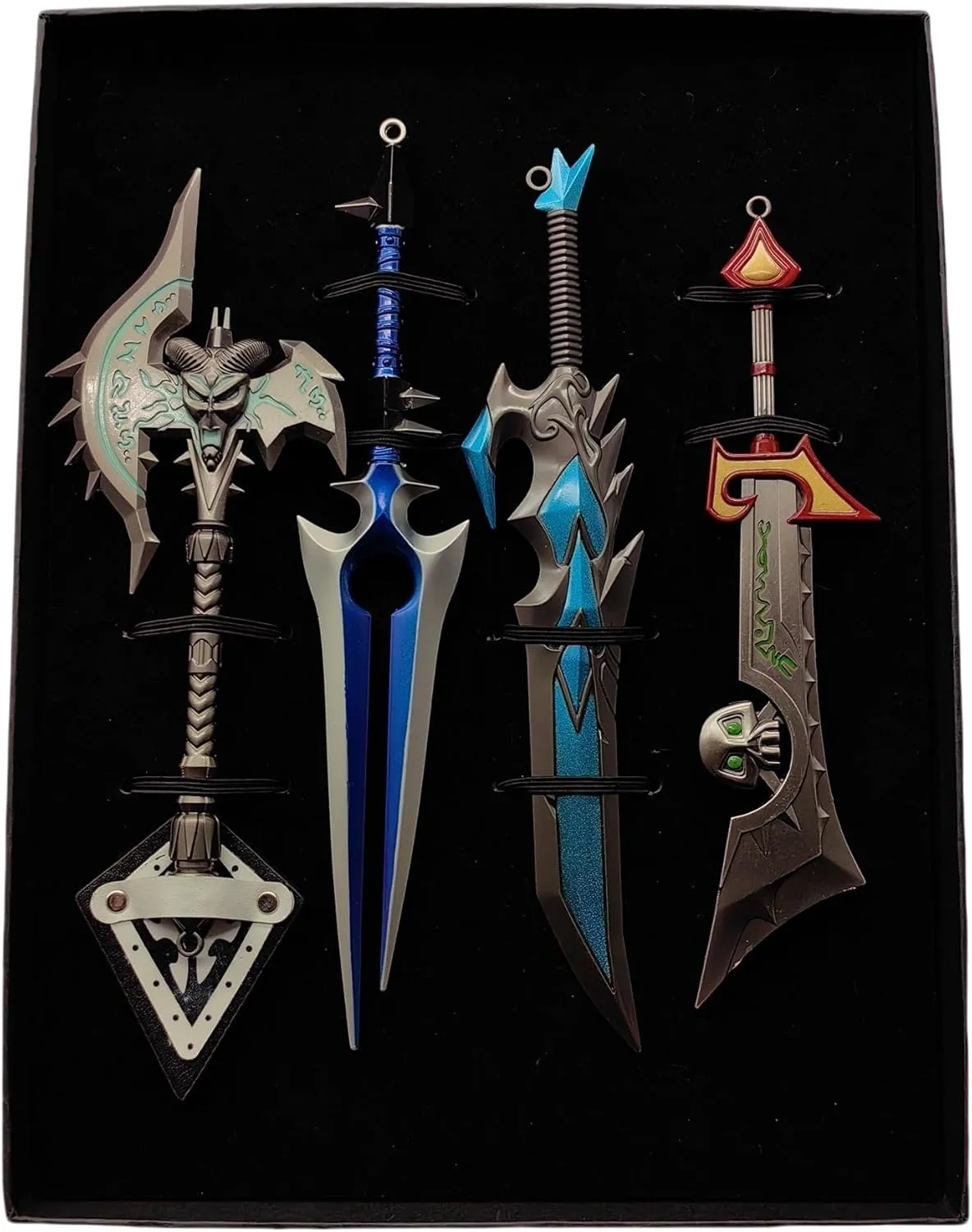 Set of 4 in 1 Sword Game Weapon Box Metal 8.7'' Shadowmourne Axe Unbreakable Will Blessed Blade Windseeker Ashbringer Sword Cosplay Props Game Weapon Collectition Desktop Display Decoration