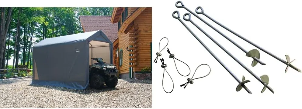 ShelterLogic 6' x 12' Shed-in-a-Box All Season Steel Metal Frame Peak Roof Outdoor Storage Shed & ShelterAuger 4-Piece 30-Inch Reusable Heavy Duty Steel Earth Auger Anchor Kit