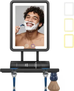 Shinowa Heated Shower Mirror Fogless for Shaving, 360° Adjustable Lighted Shower Mirror with 3 Color Modes, Rechargeable Anti Fog Shower Shaving Mirror with Large Storage Tray & Razor Holder, Black