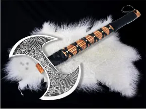 SHINY CRAFTS- Camping Axe Tomahawk Viking Bearded Axe Christmas gifts-27 Long Odin's Double Edge Head Viking Axe Twin Blade Axe with Ash Wood Handle with Genuine Leather Sheath (VBA-0013)