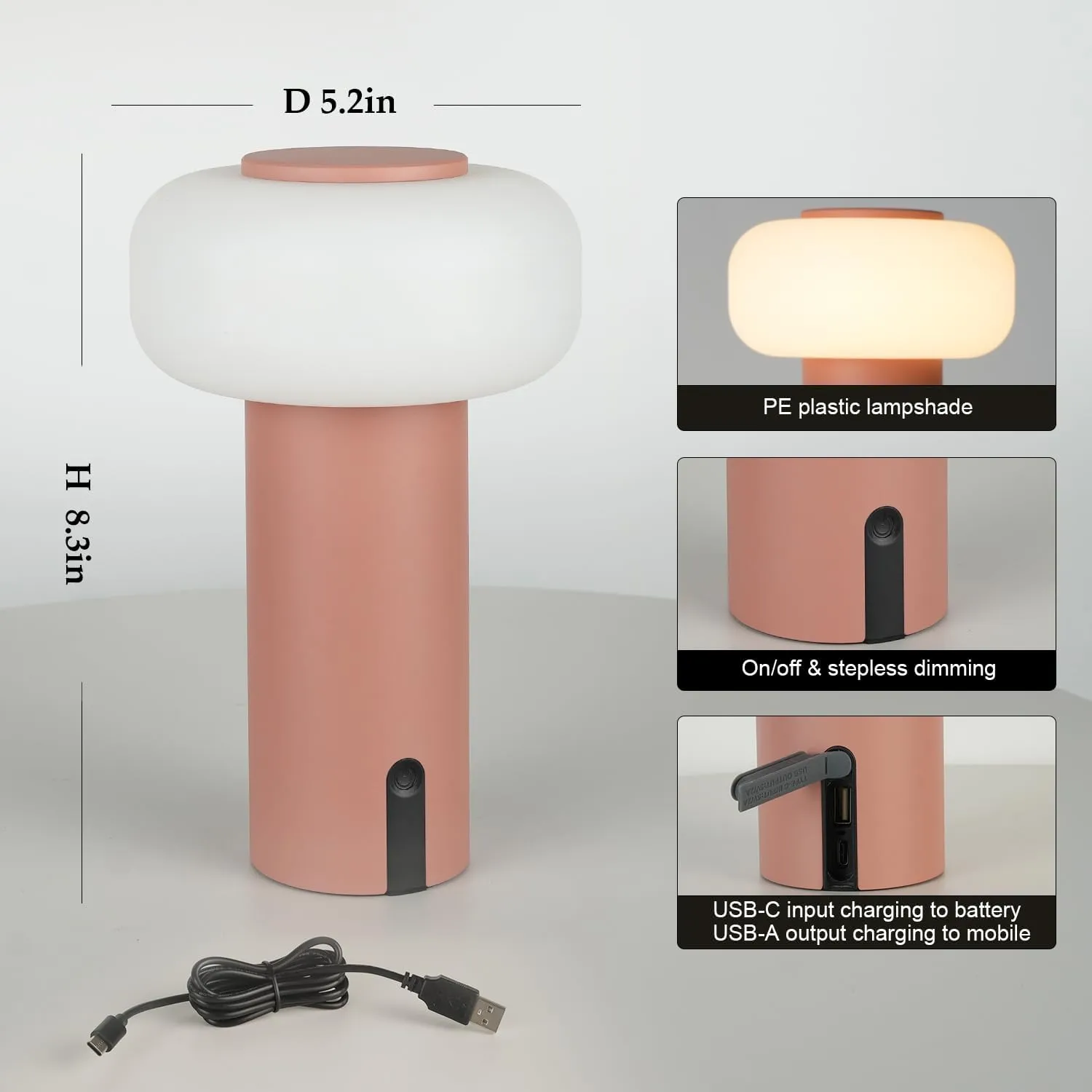 Shower Lamp Waterproof, Outdoor Cordless Table Lamp Rechargeable, Portable Battery Operated Lamp, Touch Dimmable Night Light for Bedroom/Patio/Dinning/Camping (Pink)