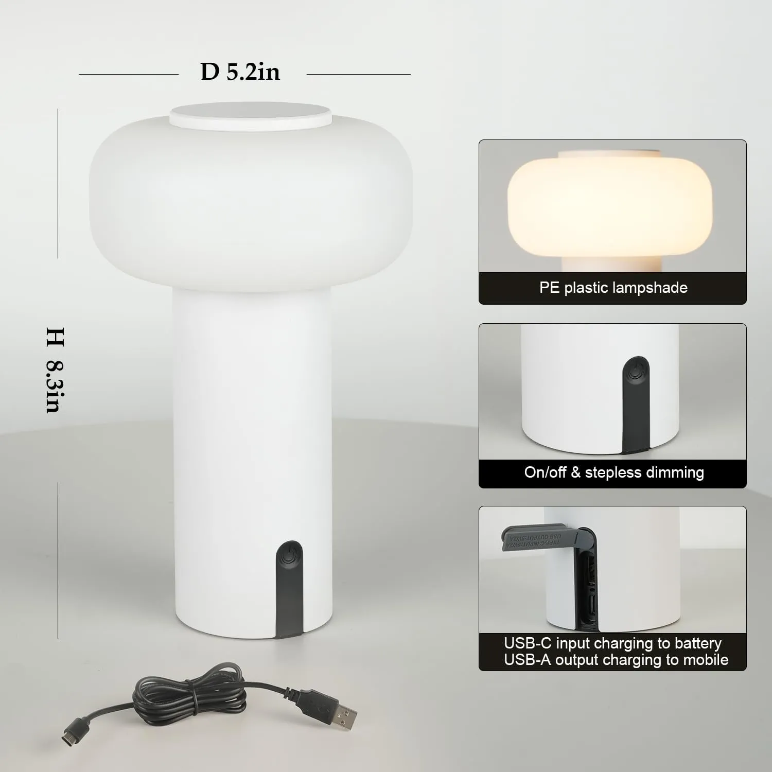 Shower Lamp Waterproof, Outdoor Cordless Table Lamp Rechargeable, Portable Battery Operated Lamp, Touch Dimmable Night Light for Bedroom/Patio/Dinning/Camping (White)