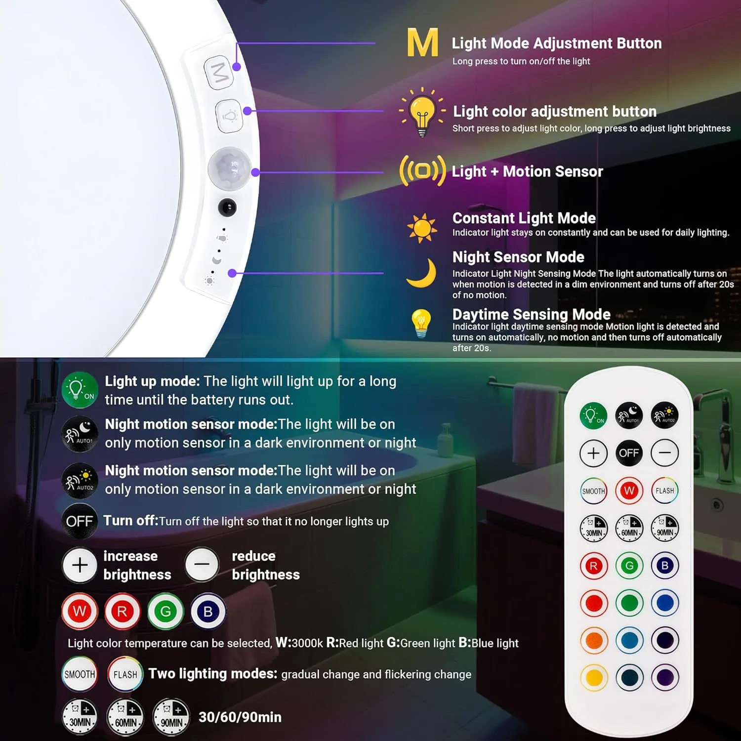 Shower Lights for Inside Shower - 2 Packs Rechargeable Ceiling Light with Remote, Color Changing & White Timing Light, Motion Sensor Battery Powered Shower Lamp for Bathroom Closet Patio