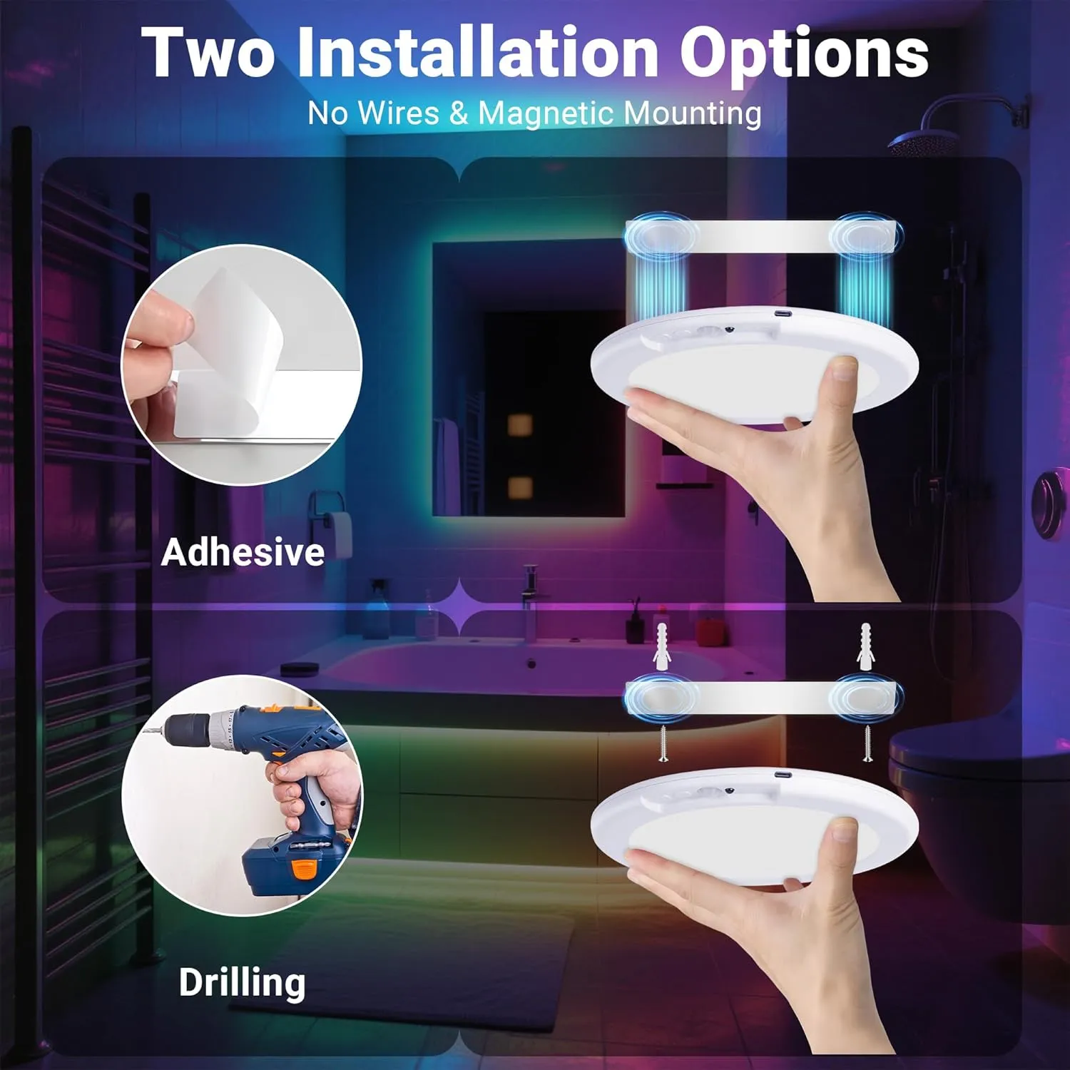 Shower Lights for Inside Shower - 2 Packs Rechargeable Ceiling Light with Remote, Color Changing & White Timing Light, Motion Sensor Battery Powered Shower Lamp for Bathroom Closet Patio