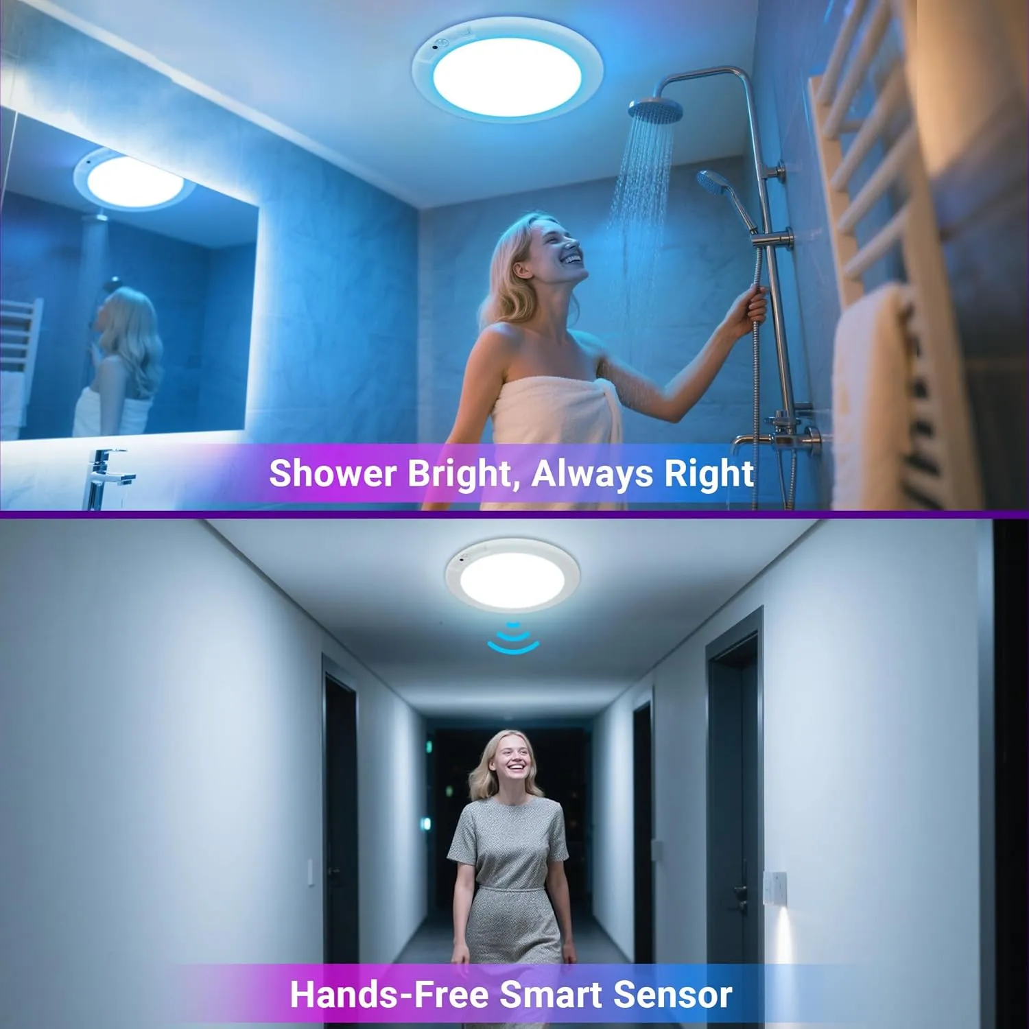 Shower Lights for Inside Shower - 2 Packs Rechargeable Ceiling Light with Remote, Color Changing & White Timing Light, Motion Sensor Battery Powered Shower Lamp for Bathroom Closet Patio