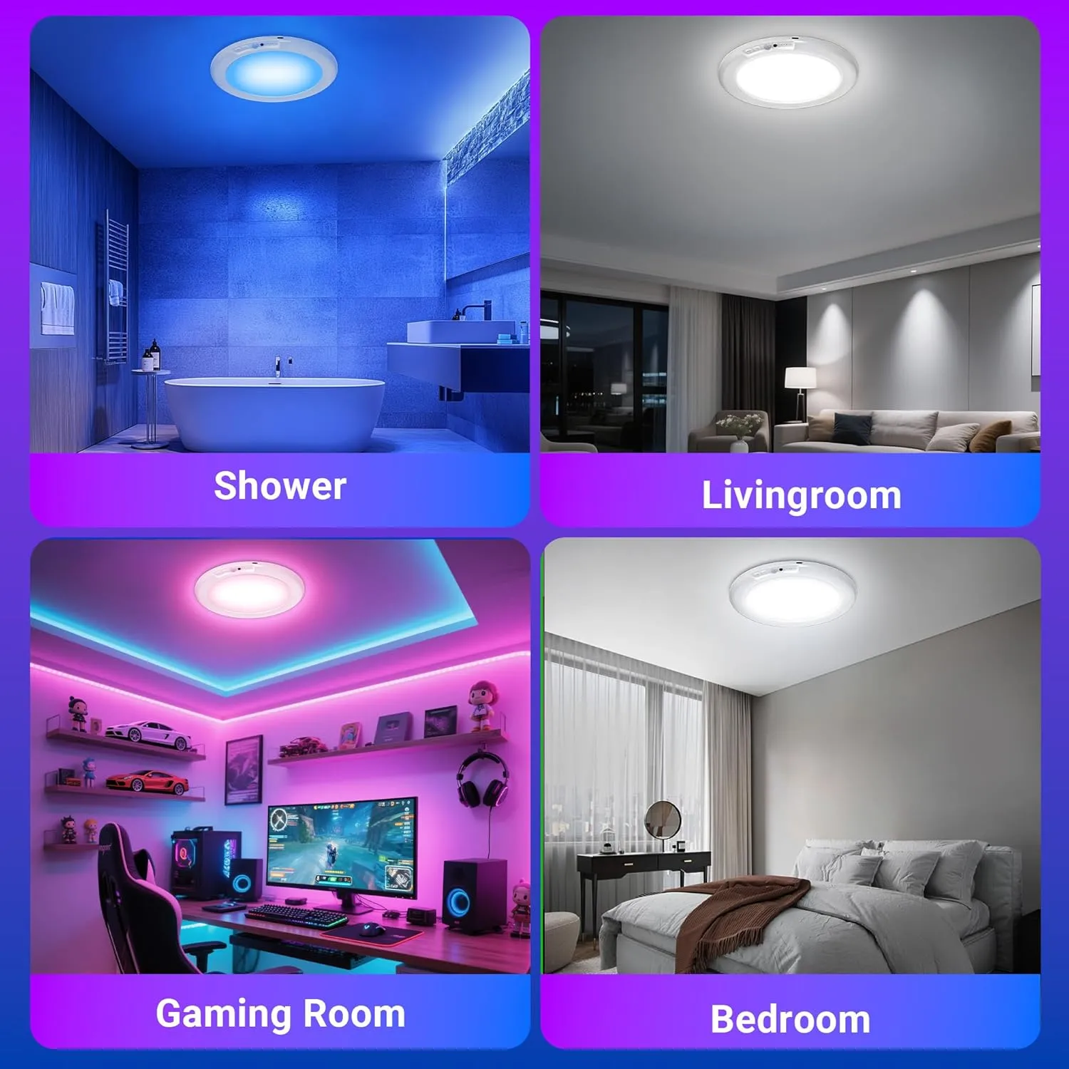 Shower Lights for Inside Shower - 2 Packs Rechargeable Ceiling Light with Remote, Color Changing & White Timing Light, Motion Sensor Battery Powered Shower Lamp for Bathroom Closet Patio