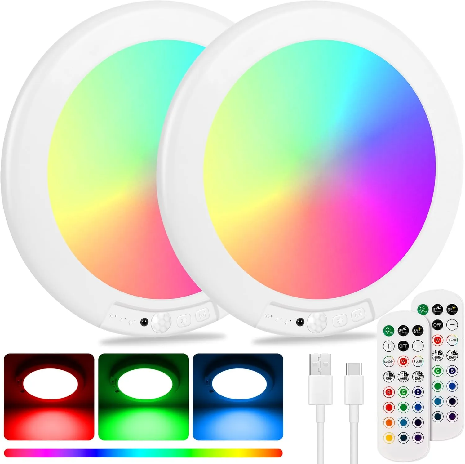 Shower Lights for Inside Shower - 2 Packs Rechargeable Ceiling Light with Remote, Color Changing & White Timing Light, Motion Sensor Battery Powered Shower Lamp for Bathroom Closet Patio