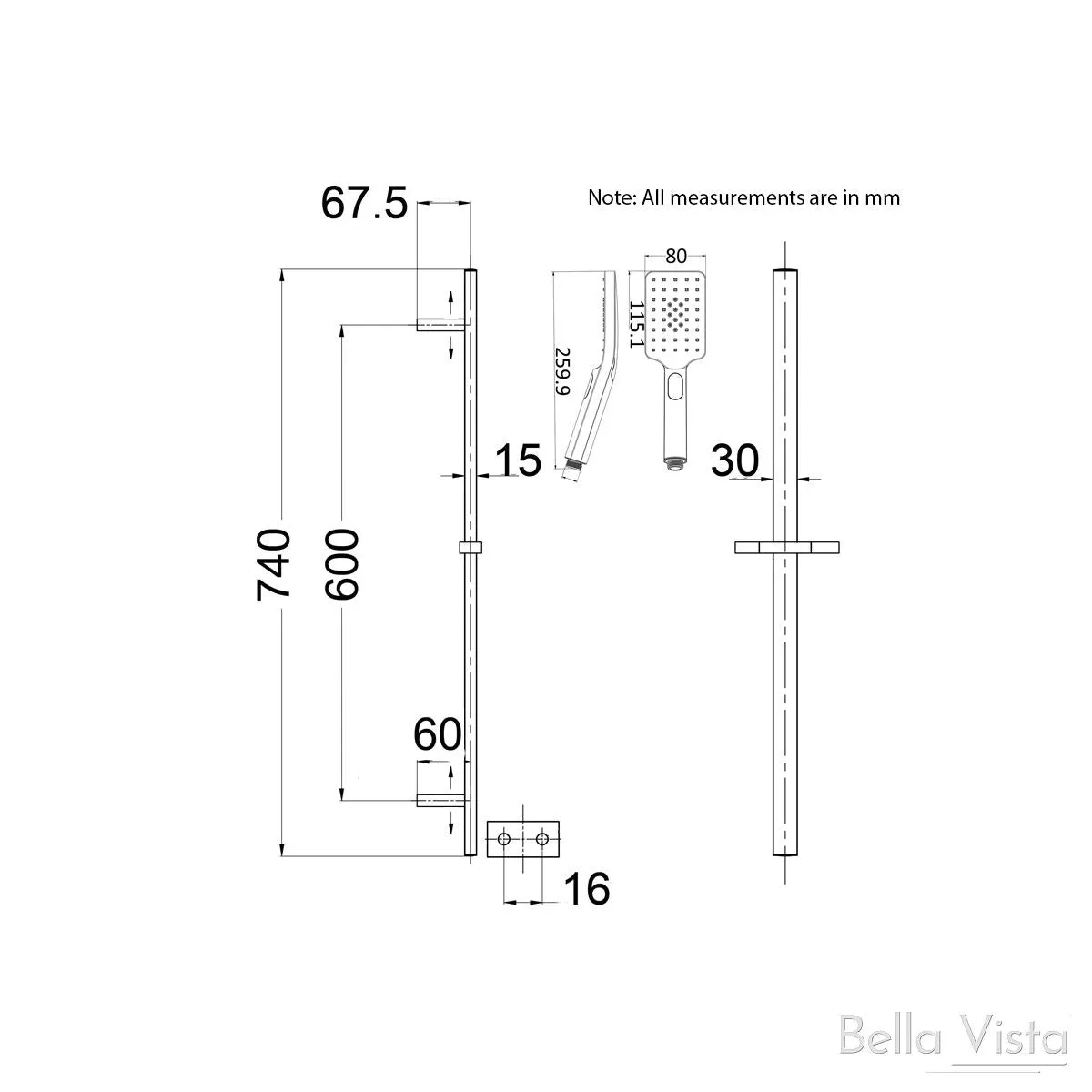 Shower Rail - Square Brushed Nickel